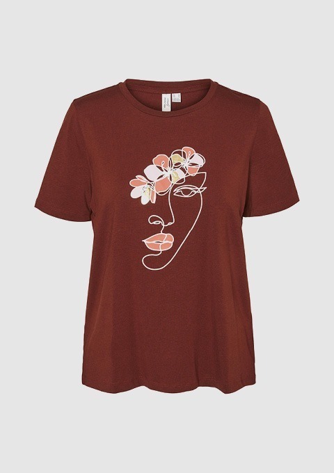 Ein rotes T-Shirt mit einer dekorativen, minimalistischen Zeichnung eines Gesichts und Blumen. Ein rotes T-Shirt mit einer dekorativen, minimalistischen Zeichnung eines Gesichts und Blumen.