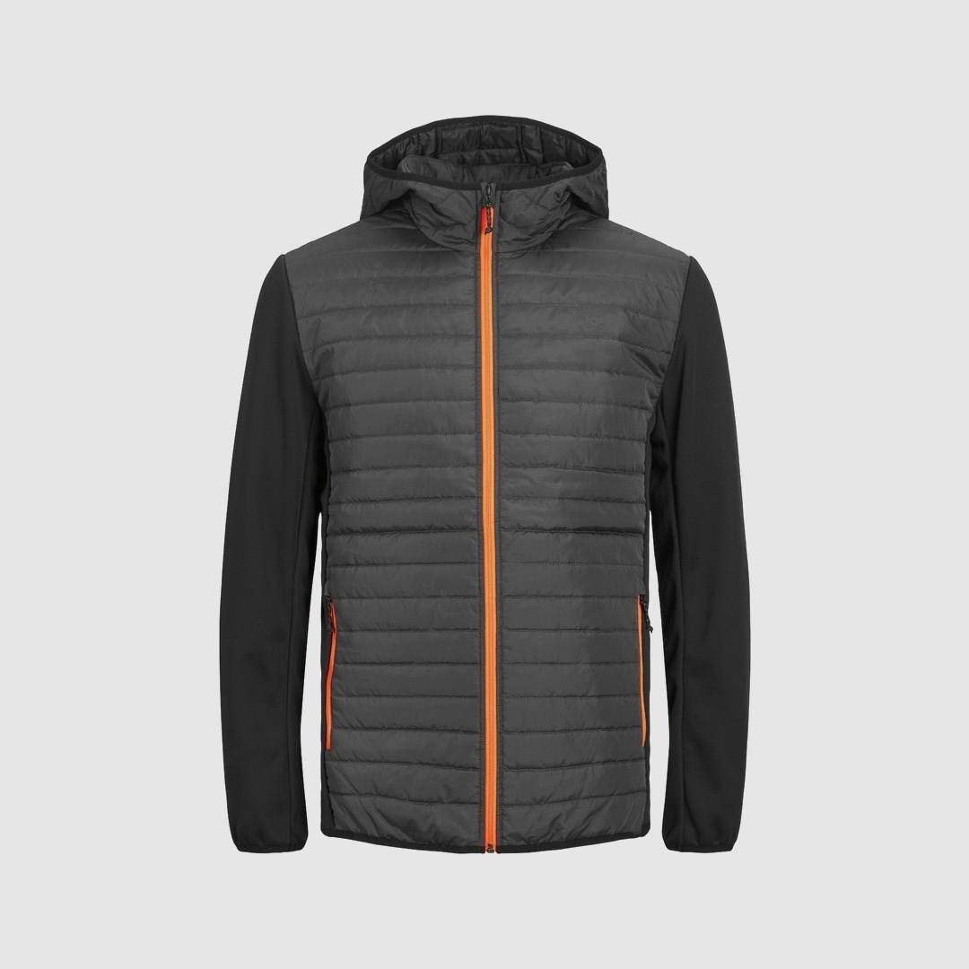 Dunkle Jacke mit Kapuze und orangefarbener Reißverschluss. Dunkle Jacke mit Kapuze und orangefarbener Reißverschluss.