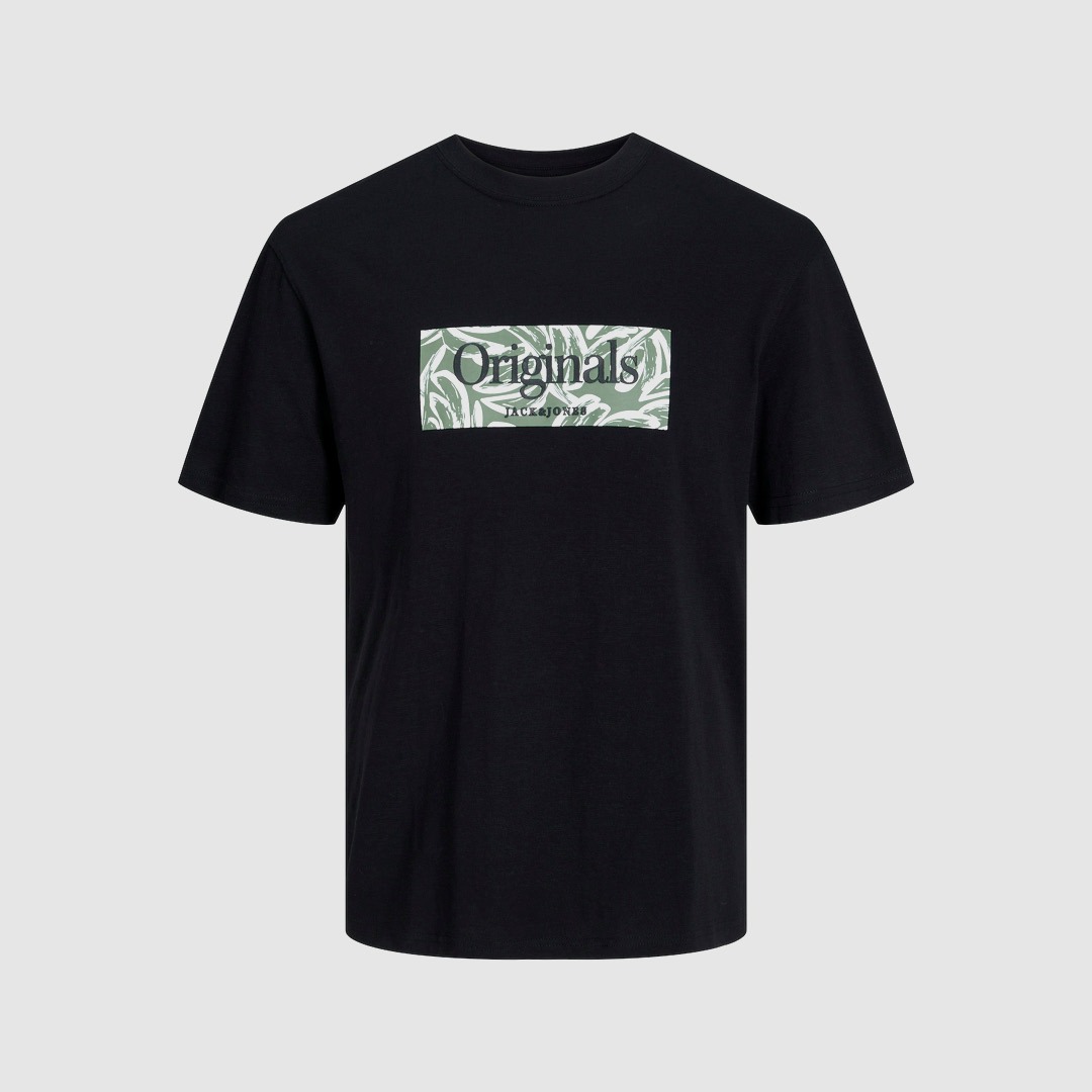 Schwarzes T-Shirt mit einem grĂźnen, blätterartigen Aufdruck und dem Text „Originals“. Schwarzes T-Shirt mit einem grĂźnen, blätterartigen Aufdruck und dem Text "Originals".
