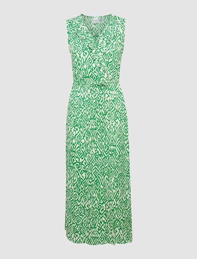 Ein ärmelloses grßnes Kleid mit einem gemusterten Design in hellen und dunklen GrßntÜnen. Ein ärmelloses grßnes Kleid mit einem gemusterten Design in hellen und dunklen GrßntÜnen.