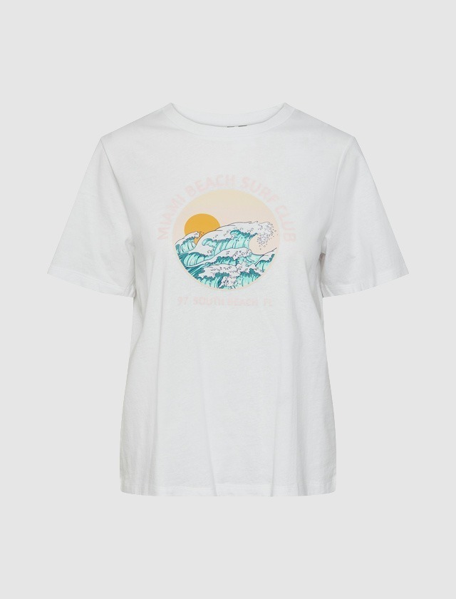 WeiĂes T-Shirt mit einem bunten Druck, der Wellen und eine Sonne zeigt, sowie dem Text „Miami Beach Surf Club“. WeiĂes T-Shirt mit einem bunten Druck, der Wellen und eine Sonne zeigt, sowie dem Text "Miami Beach Surf Club".