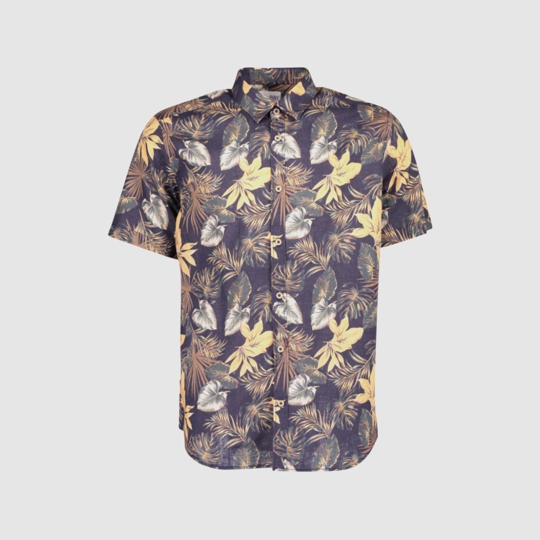Hawaiian Hemd mit floralen Mustern in Gelb und Grau auf dunklem Hintergrund. Hawaiian Hemd mit floralen Mustern in Gelb und Grau auf dunklem Hintergrund.