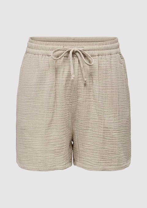 Beige Shorts mit elastischem Bund und Kordelzug.