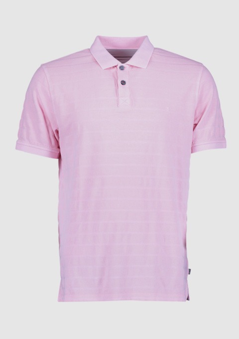 Ein rosa Polohemd mit kurzen Ärmeln und Knopfleiste.