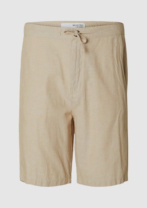 Beige Shorts aus Leinen mit einem elastischen Bund und Kordelzug.