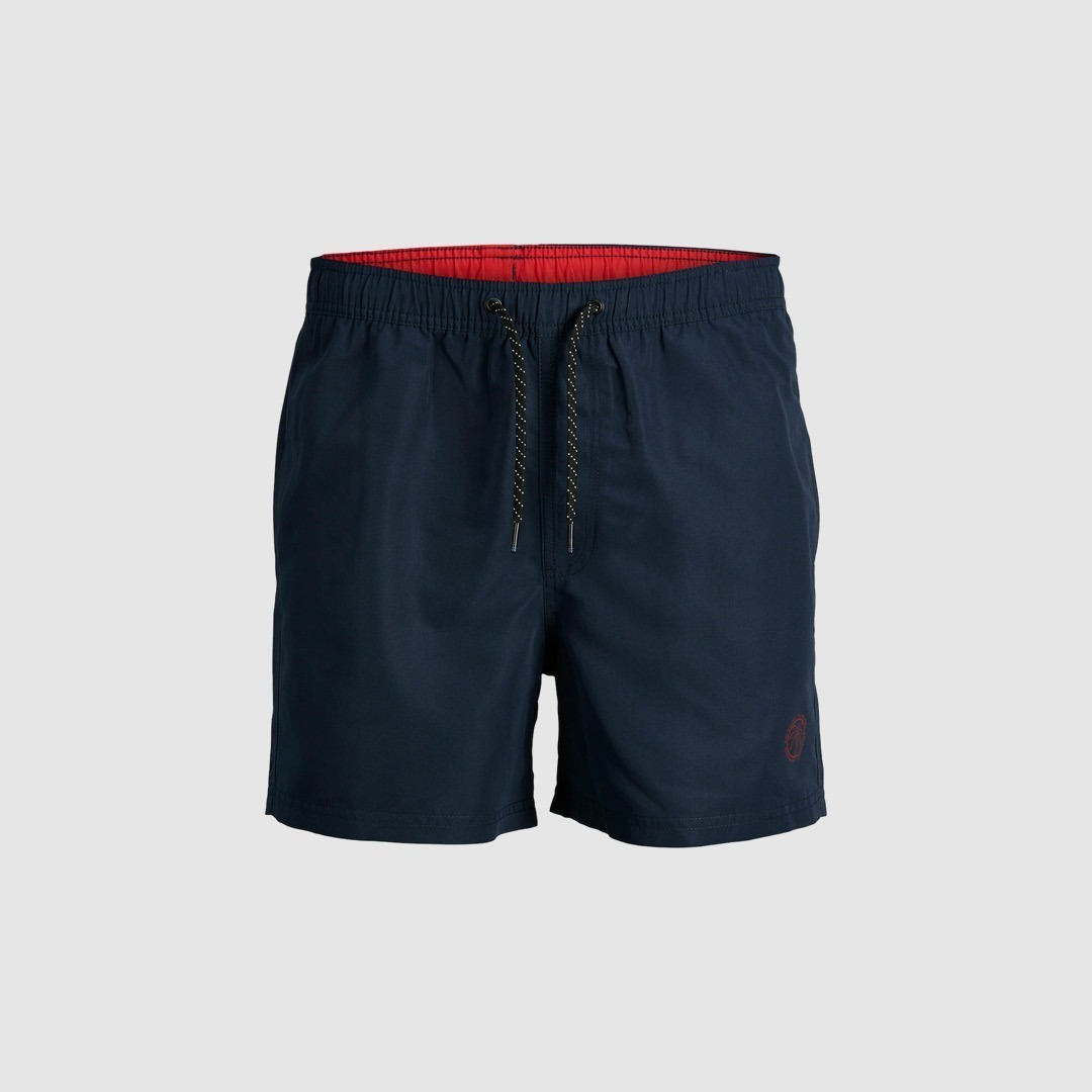 Badehose in Marineblau mit rotem Innenfutter und Kordelzug.