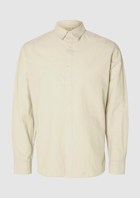Beige Hemd mit Button-Down-Kragen und langen Ärmeln.