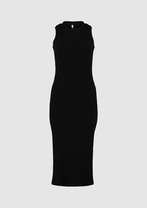 Ein schwarzes, ärmelloses Kleid.