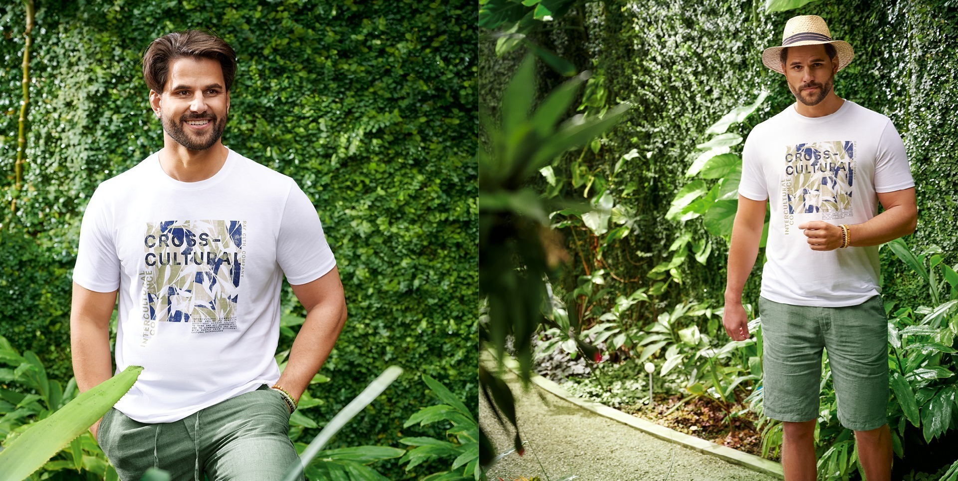 Ein Mann im weißen T-Shirt mit dem Aufdruck „CROSS-CULTURAL“ steht in einem Garten mit vielen Pflanzen. Er trägt grüne Shorts und einen Strohhut. Ein Mann im weißen T-Shirt mit dem Aufdruck "CROSS-CULTURAL" steht in einem Garten mit vielen Pflanzen. Er trägt grüne Shorts und einen Strohhut.
