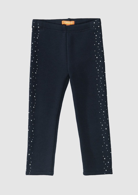 Dunkelblaue Leggings mit Strassdetails an den Seiten. Dunkelblaue Leggings mit Strassdetails an den Seiten.