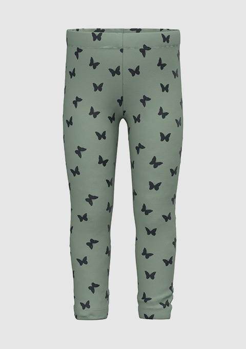 Grüne Leggings mit schwarzen Schmetterlingsmustern. Grüne Leggings mit schwarzen Schmetterlingsmustern.