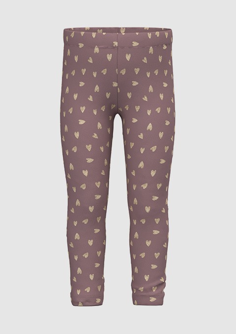Eine lila Leggings mit goldenem Herzchen-Muster. Eine lila Leggings mit goldenem Herzchen-Muster.