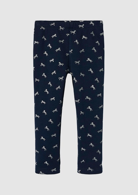 Dunkelblaue Leggings mit Pferde-Print. Dunkelblaue Leggings mit Pferde-Print.
