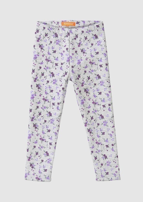 Graue Leggings mit lila und violetten Blumenmuster. Graue Leggings mit lila und violetten Blumenmuster.