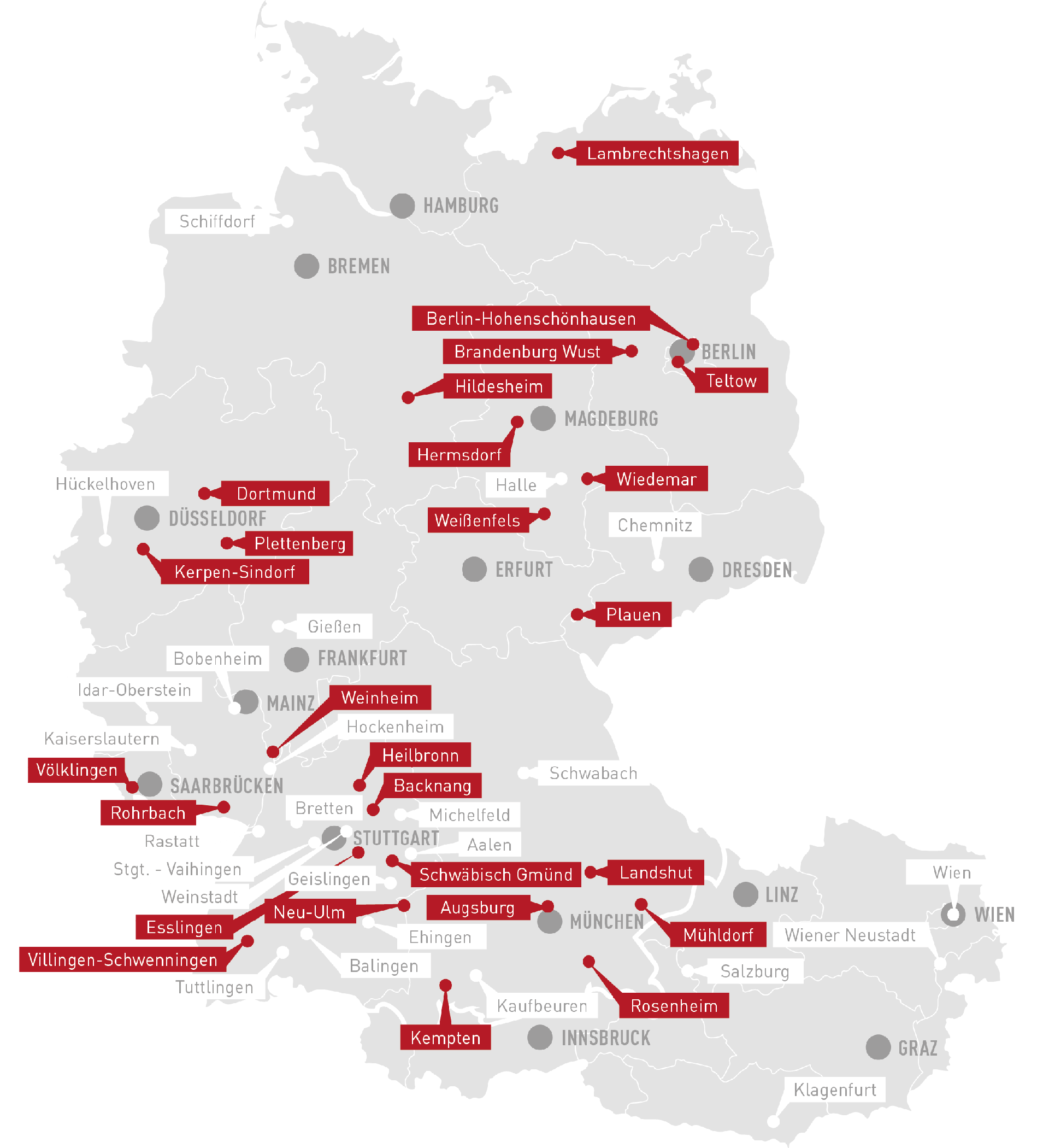Eine Karte von Deutschland mit markierten Städten und Orten.