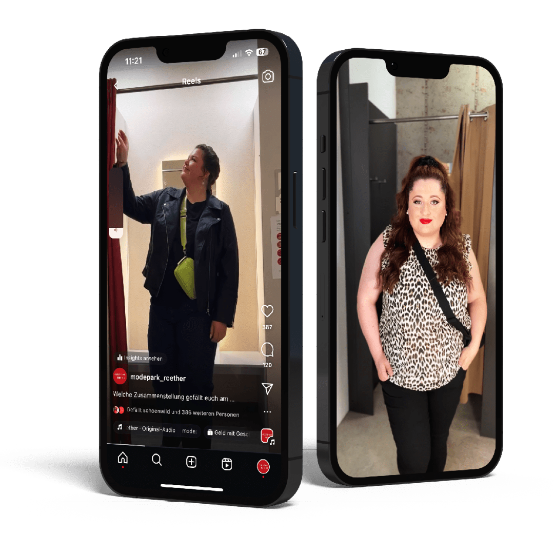 Zwei Smartphones zeigen Bilder von Frauen in modischer Kleidung. Eine trägt eine Lederjacke und eine grüne Umhängetasche, die andere ein Outfit mit Leopardenmuster. Zwei Smartphones zeigen Bilder von Frauen in modischer Kleidung. Eine trägt eine Lederjacke und eine grüne Umhängetasche, die andere ein Outfit mit Leopardenmuster.