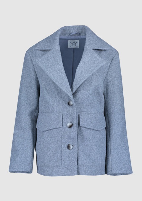 Eine graue Wolljacke mit Kragen und zwei vorderen Taschen. Eine graue Wolljacke mit Kragen und zwei vorderen Taschen.