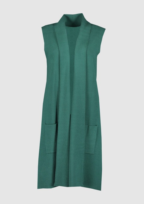 Eine ärmellose grüne Weste mit zwei Taschen und offenem Design. Eine ärmellose grüne Weste mit zwei Taschen und offenem Design.