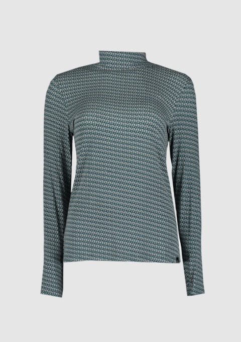 Langarmshirt mit hohem Kragen und Muster in Türkistönen. Langarmshirt mit hohem Kragen und Muster in Türkistönen.
