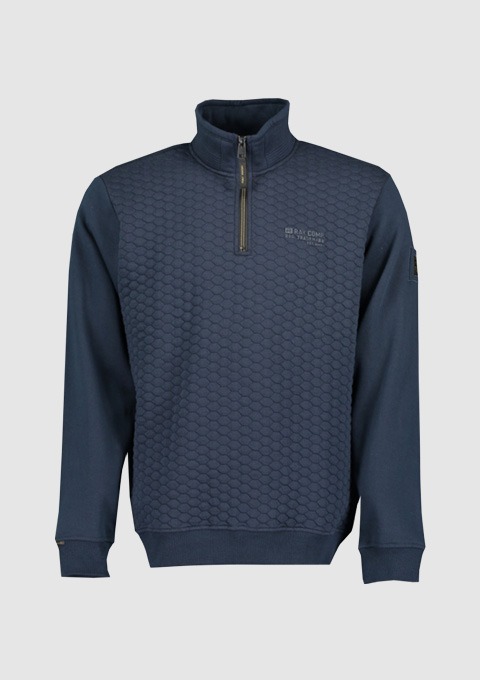 Dunkelblauer Pullover mit Reißverschluss und strukturiertem Muster. Dunkelblauer Pullover mit Reißverschluss und strukturiertem Muster.