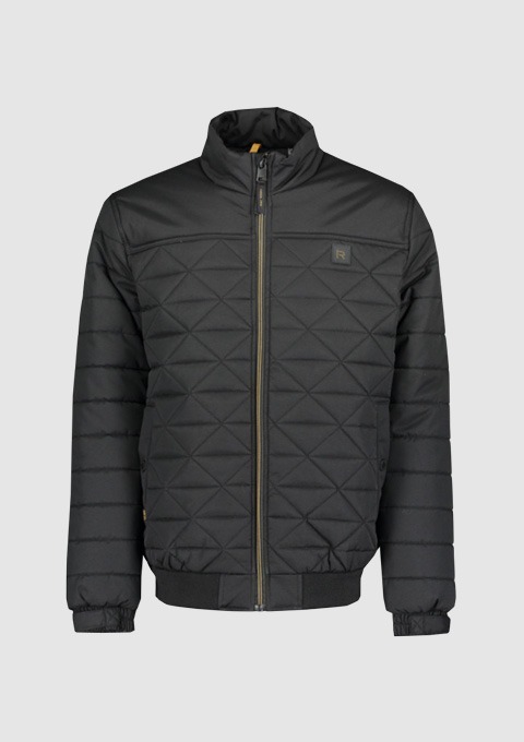 Eine schwarze, gesteppte Jacke mit Reißverschluss und Stehkragen. Eine schwarze, gesteppte Jacke mit Reißverschluss und Stehkragen.