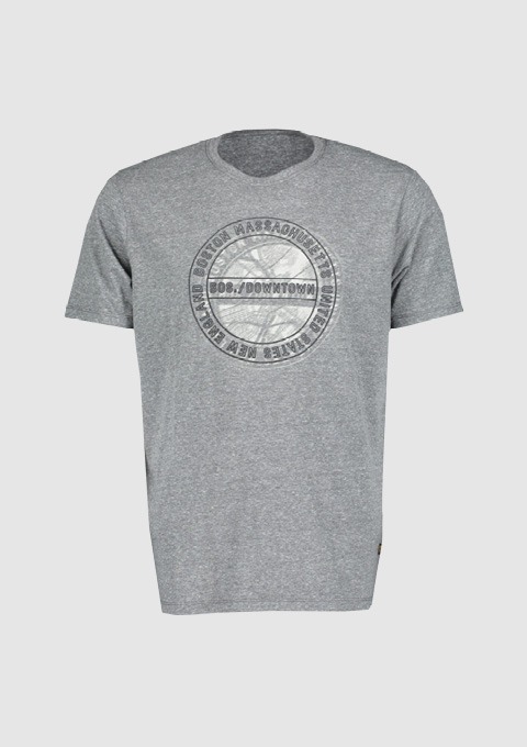 Graues T-Shirt mit einem runden Aufdruck, der „Boston Massachusetts Downtown“ zeigt. Graues T-Shirt mit einem runden Aufdruck, der "Boston Massachusetts Downtown" zeigt.