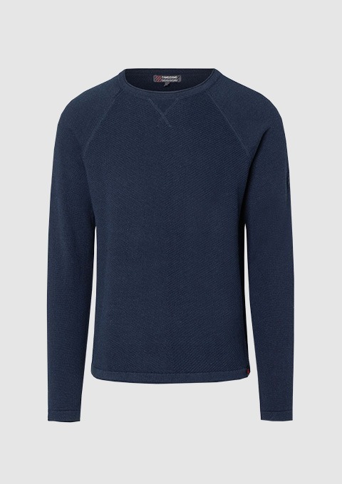 Ein dunkelblauer Pullover mit langen Ärmeln und Rundhalsausschnitt. Ein dunkelblauer Pullover mit langen Ärmeln und Rundhalsausschnitt.