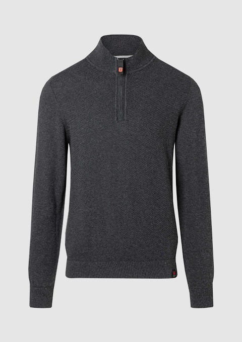Ein grauer Pullover mit Stehkragen und Reißverschluss. Ein grauer Pullover mit Stehkragen und Reißverschluss.
