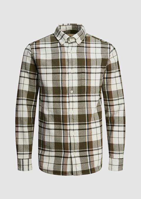 Karierte Hemd in Grün- und Brauntönen mit Button-Down-Kragen.