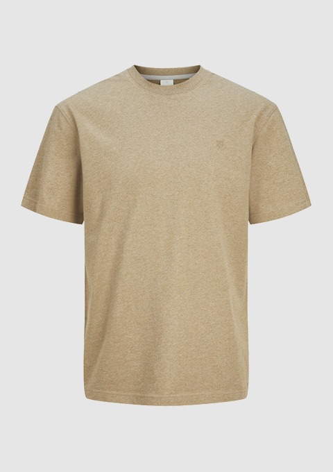 Beige T-Shirt mit Rundhalsausschnitt.