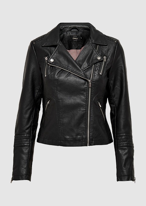 Schwarze Lederjacke mit asymmetrischem Reißverschluss und zwei Seiten Taschen. Schwarze Lederjacke mit asymmetrischem Reißverschluss und zwei Seiten Taschen.
