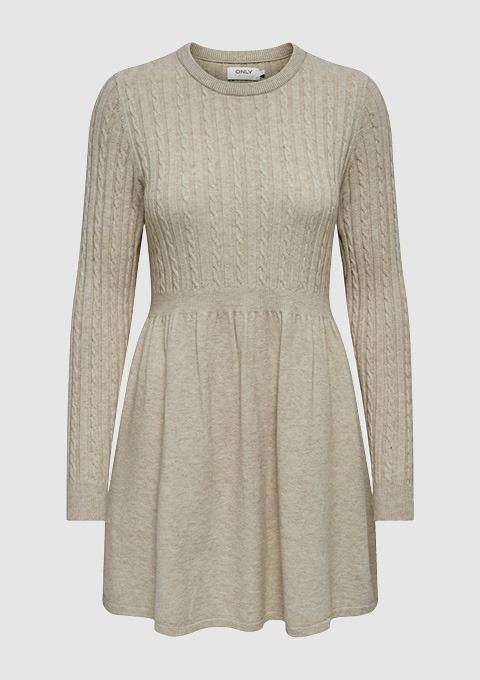 Ein beiges Kleid mit langen Ärmeln und einem A-Linien-Schnitt, aus einem strukturierenden Strickmaterial. Ein beiges Kleid mit langen Ärmeln und einem A-Linien-Schnitt, aus einem strukturierenden Strickmaterial.