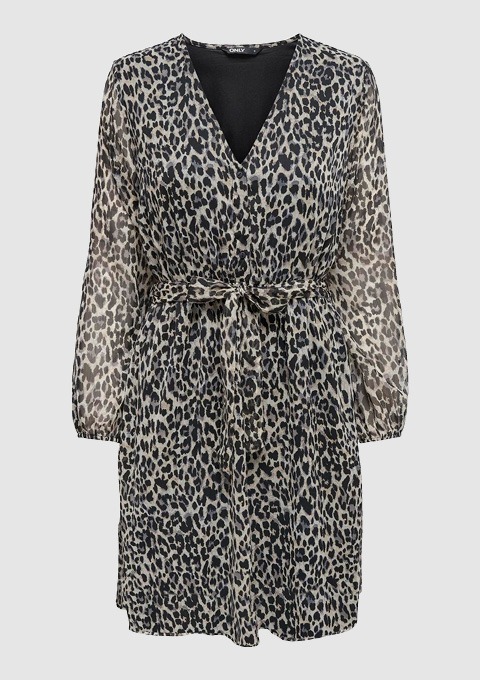 Ein leopardenmuster Kleid mit V-Ausschnitt und Gürtel. Ein leopardenmuster Kleid mit V-Ausschnitt und Gürtel.