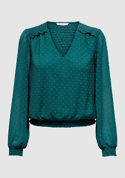 Grüne Bluse mit V-Ausschnitt und langen Ärmeln, Punktmuster und elastischem Saum. Grüne Bluse mit V-Ausschnitt und langen Ärmeln, Punktmuster und elastischem Saum.