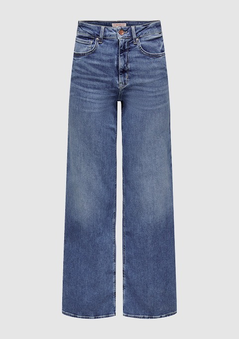 Eine blaue, weit geschnittene Jeanshose. Eine blaue, weit geschnittene Jeanshose.