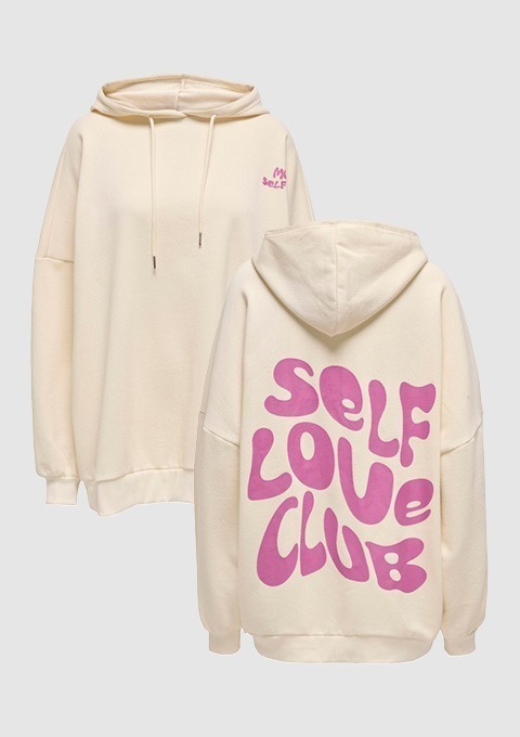 Beige Kapuzenpullover mit dem Aufdruck „SELF LOVE CLUB“ in pink auf der Rückseite. Beige Kapuzenpullover mit dem Aufdruck "SELF LOVE CLUB" in pink auf der Rückseite.