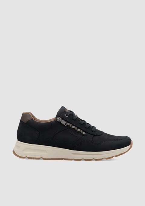 Schwarze Sneakers mit Reißverschluss und beige Sohle.