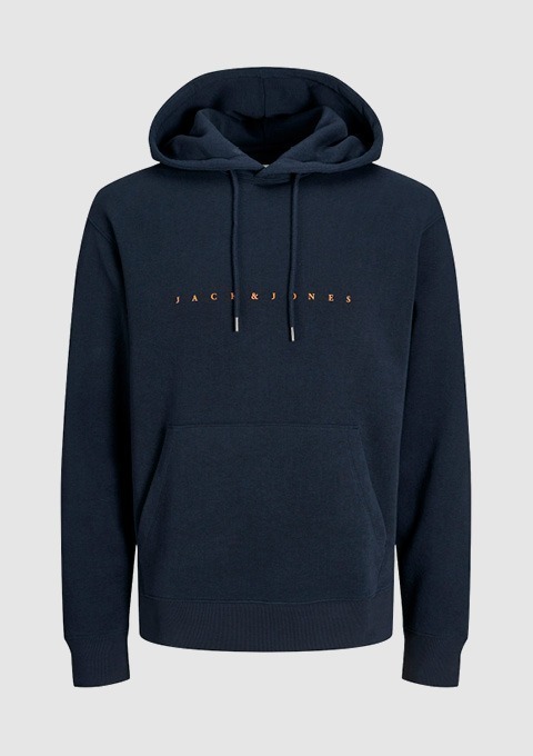 Dunkelblauer Hoodie mit Kängurutasche und aufgedrucktem Logo "JACK & JONES".