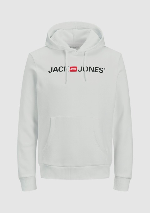 Weißer Hoodie mit Kapuze und dem Schriftzug "JACK & JONES" in Schwarz.