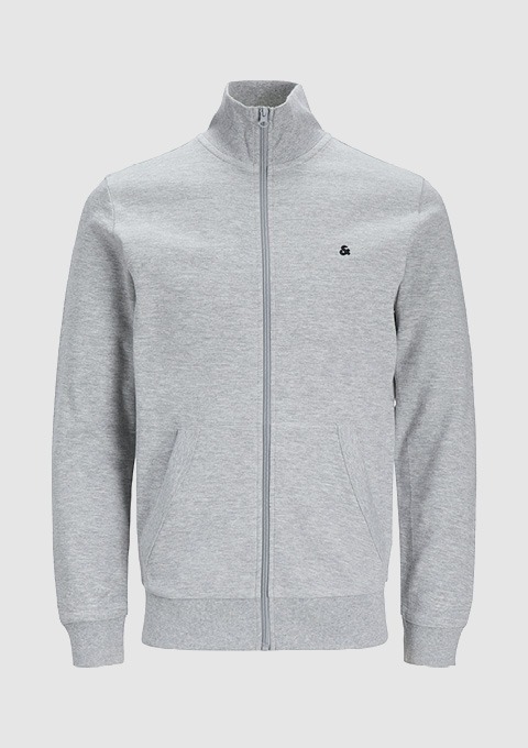 Grau gefütterte Sweatjacke mit Stehkragen und Reißverschluss.