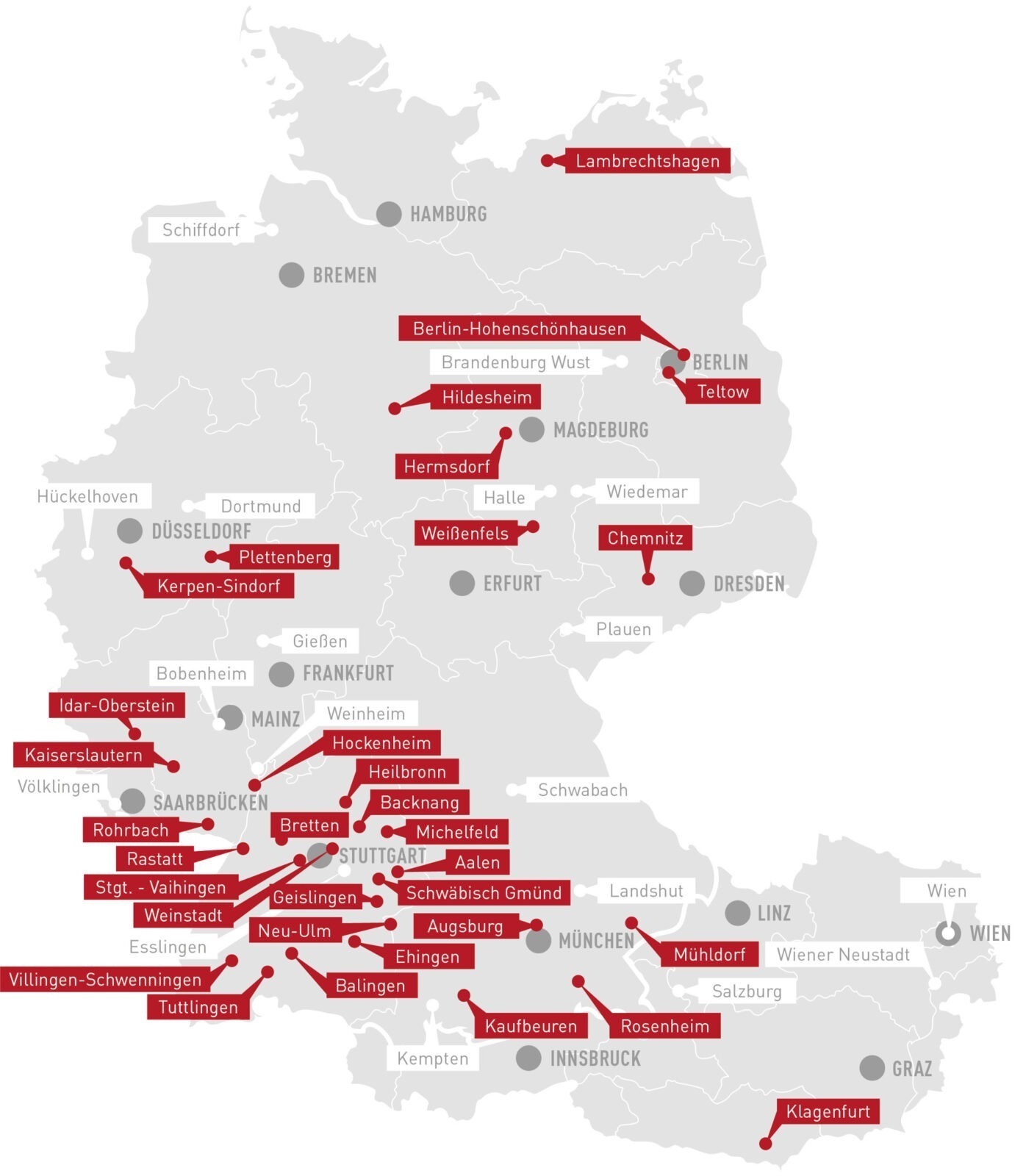 Karte von Deutschland mit Städten und Orten, die mit roten Punkten markiert sind.
