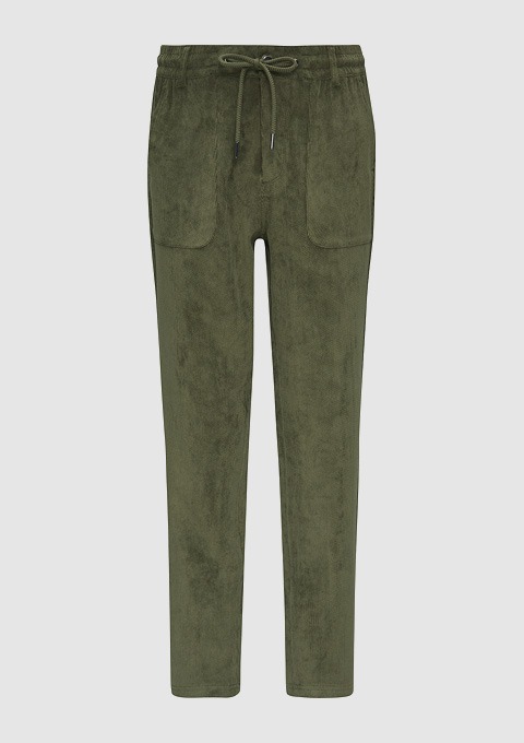 Olivegrüne Jogginghose mit Kordelzug und zwei Taschen.