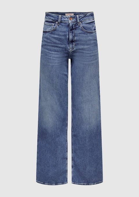 Ein Paar weit geschnittene Jeans in heller blauer Farbe.