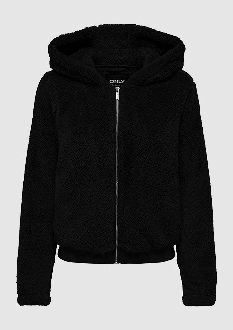 Schwarze Fleece-Jacke mit Kapuze und Reißverschluss. Schwarze Fleece-Jacke mit Kapuze und Reißverschluss.