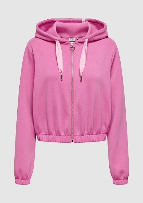 Rosa Kapuzenjacke mit Reißverschluss und Kordeln. Rosa Kapuzenjacke mit Reißverschluss und Kordeln.