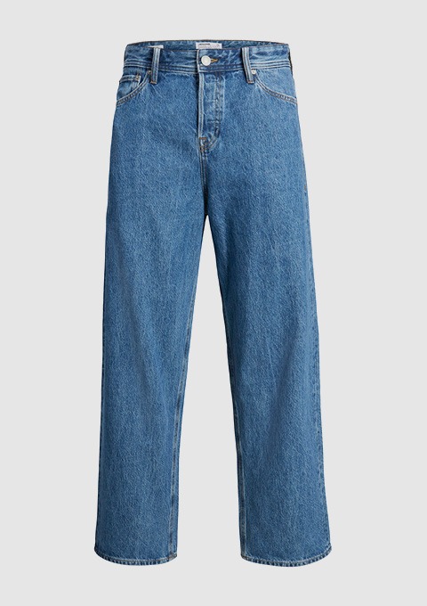 Eine blaue Jeanshose mit weitem Bein. Eine blaue Jeanshose mit weitem Bein.