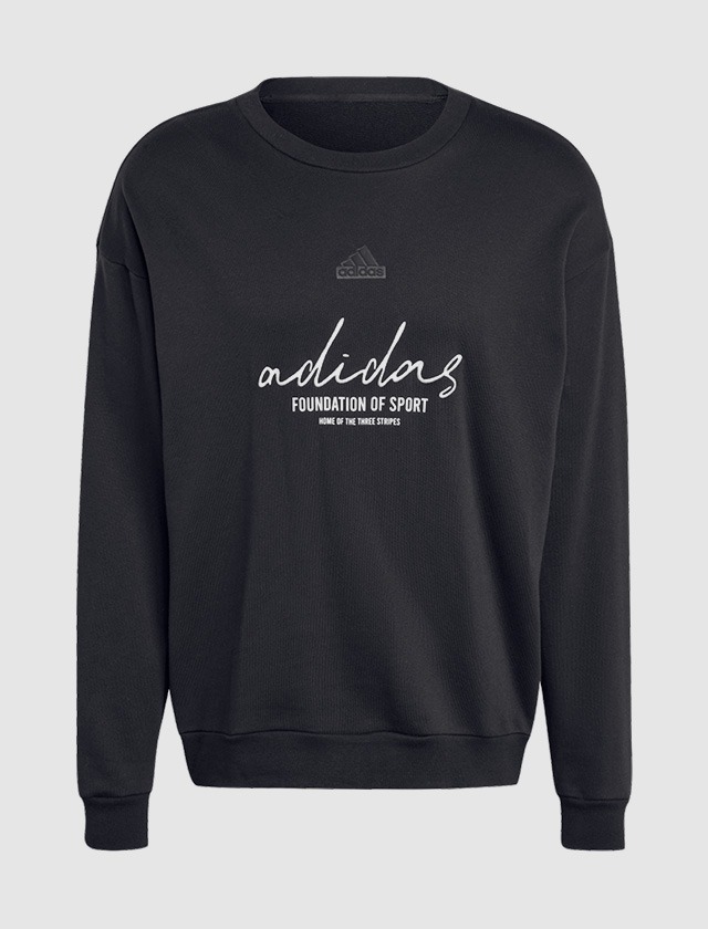 Ein schwarzer Sweatshirt mit dem Schriftzug „adidas FOUNDATION OF SPORT“ und dem adidas Logo. Ein schwarzer Sweatshirt mit dem Schriftzug "adidas FOUNDATION OF SPORT" und dem adidas Logo.