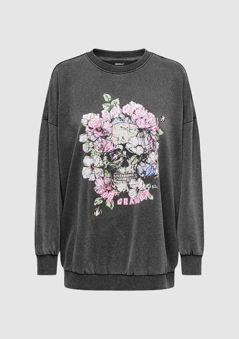 Ein graues Sweatshirt mit einem bunten Skull-Design, umgeben von Blumen.