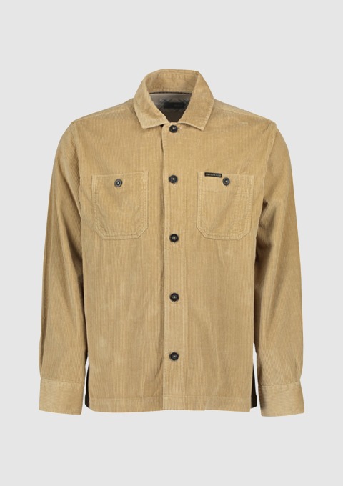 Beige Kordjacke mit zwei Brusttaschen und Knopfverschluss.