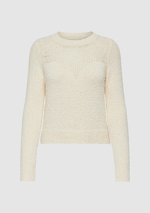 Ein off-white Pullover mit Rundhalsausschnitt und langen Ärmeln.